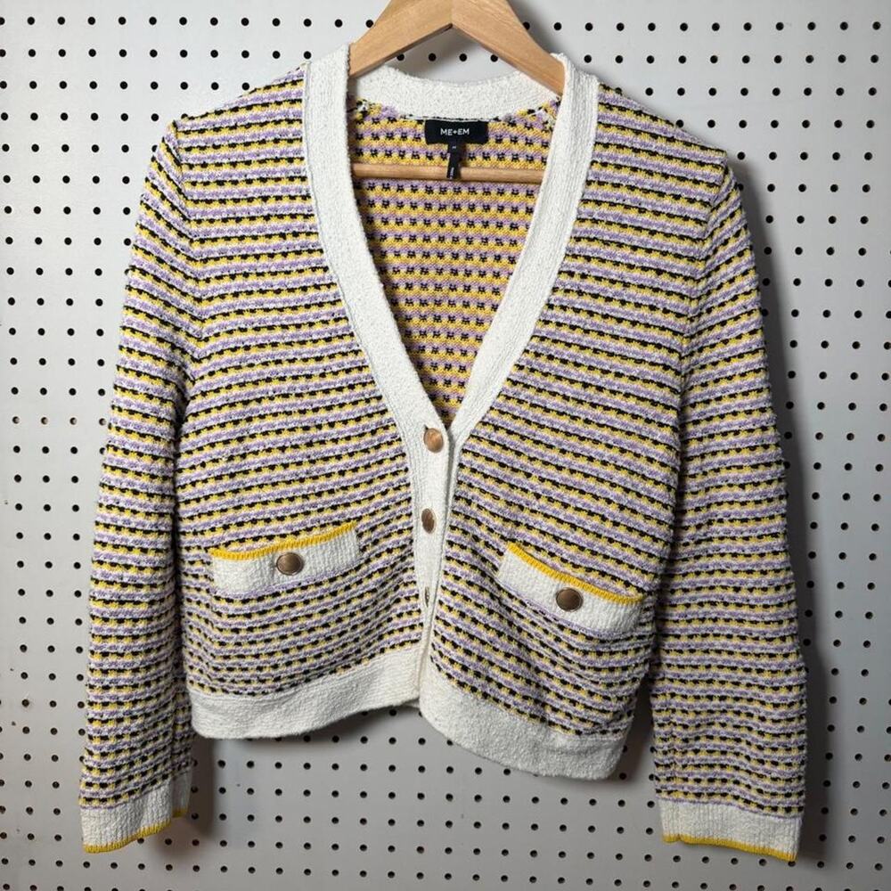 ME + EM yellow, purple, black, white striped cardigan w pockets Preppy Size M